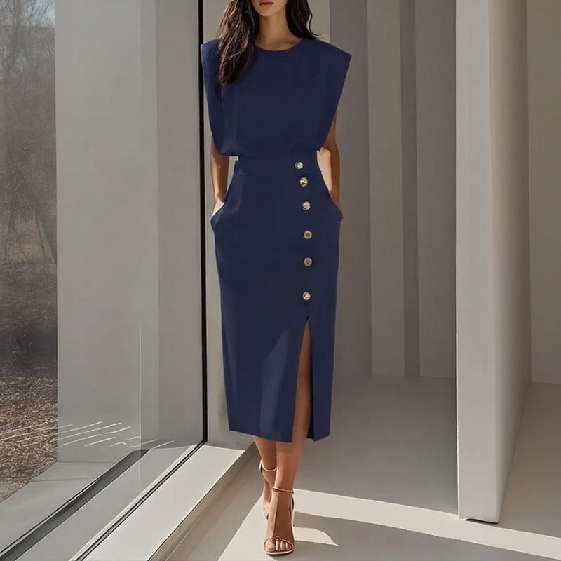 Robe Midi Maelle™ Avec Épaules Structurées, Boutons Latéraux Et Fente Avant