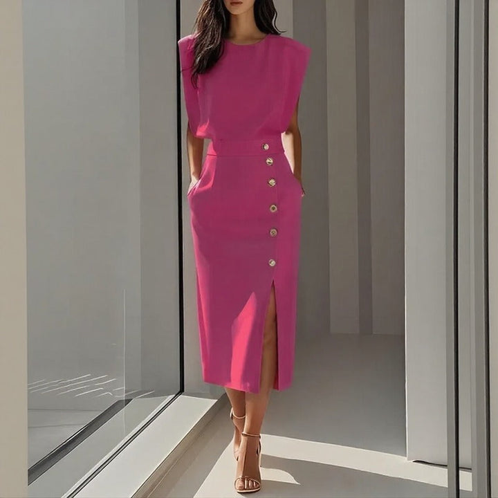 Robe Midi Maelle™ Avec Épaules Structurées, Boutons Latéraux Et Fente Avant