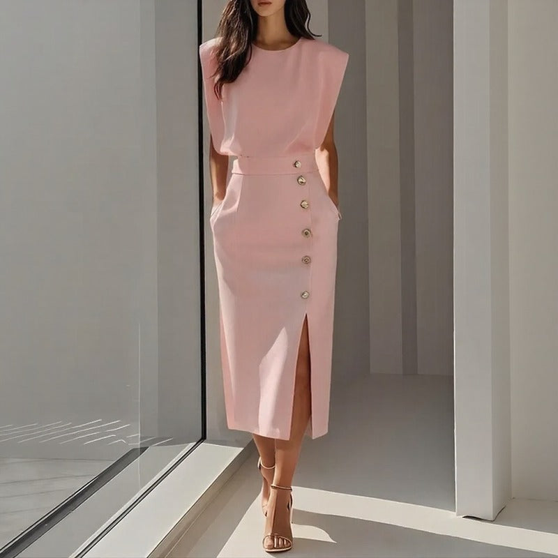 Robe Midi Maelle™ Avec Épaules Structurées, Boutons Latéraux Et Fente Avant