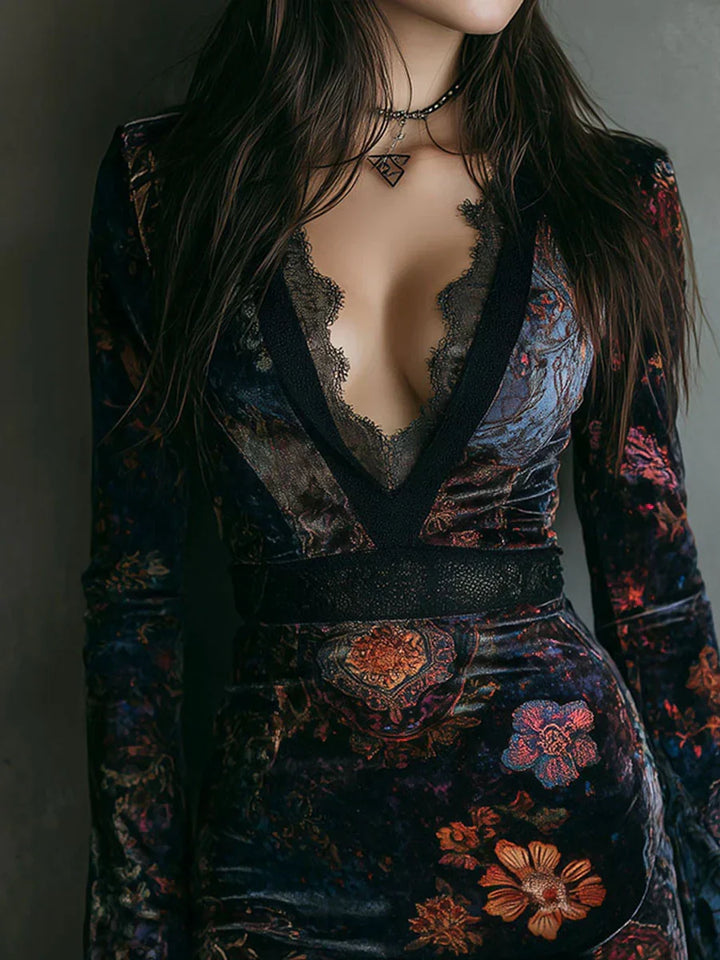 Elena | Robe courte en velours avec imprimé floral et lacets