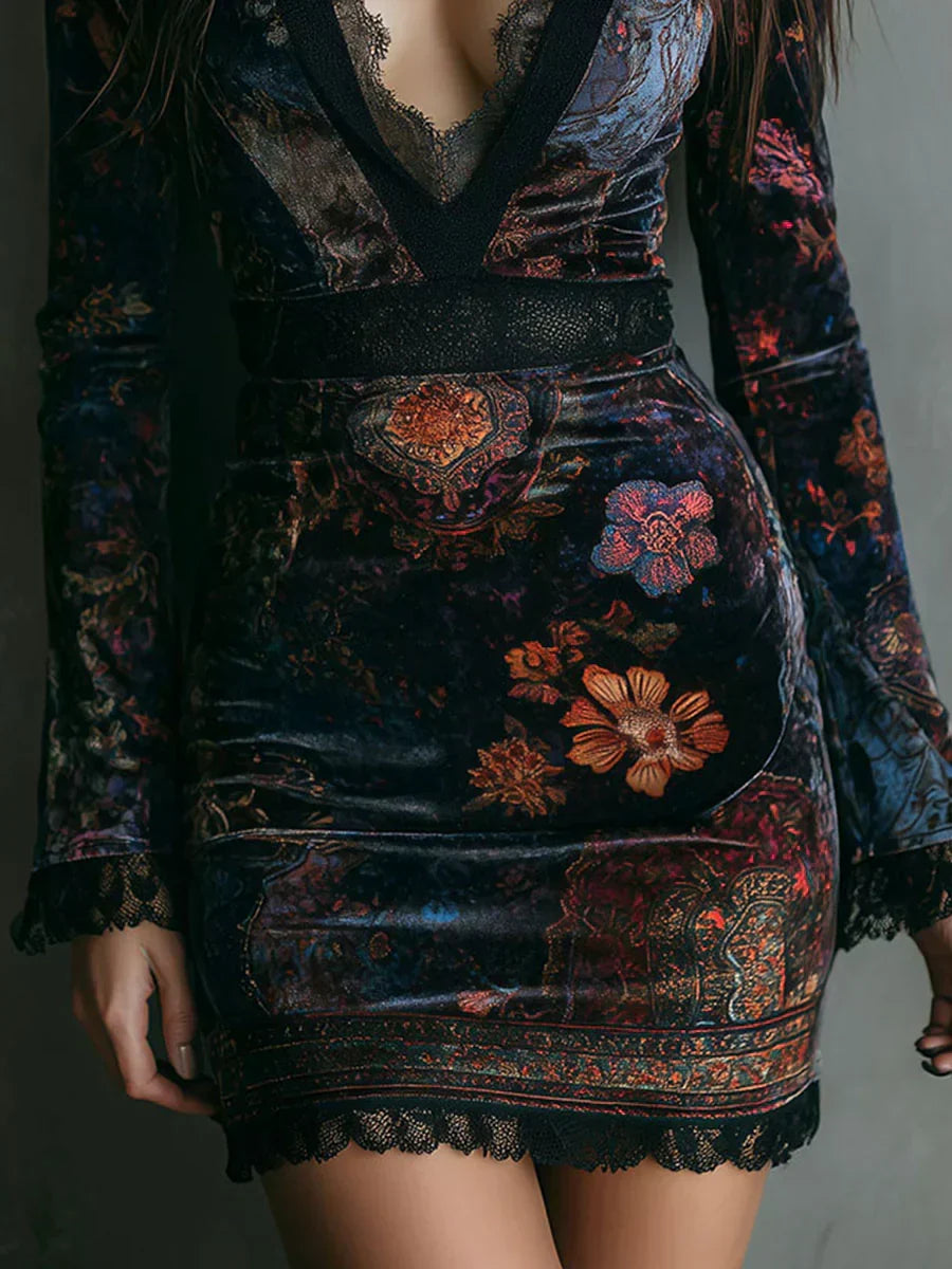 Elena | Robe courte en velours avec imprimé floral et lacets
