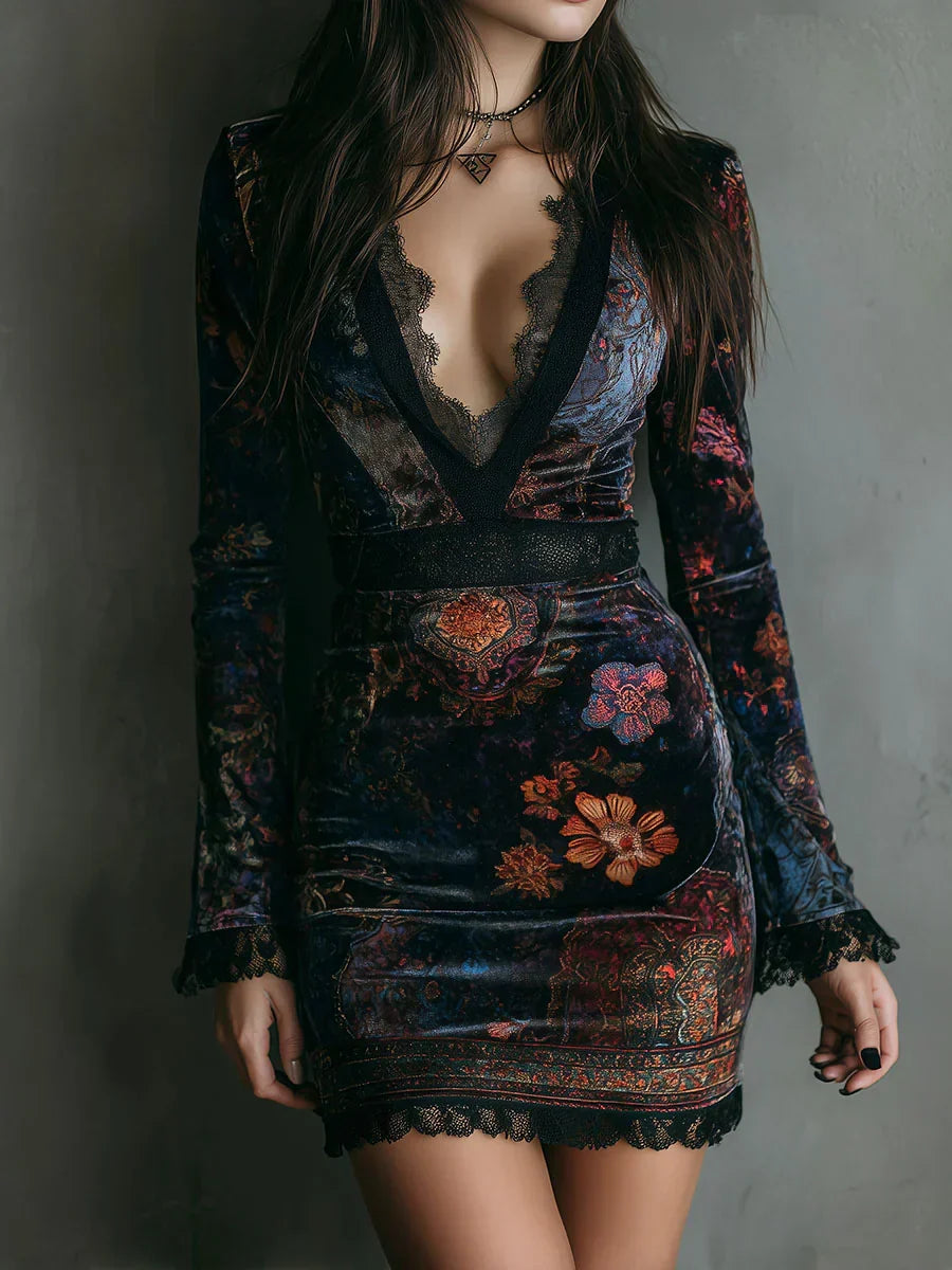 Elena | Robe courte en velours avec imprimé floral et lacets