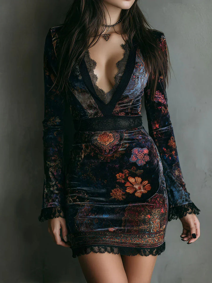 Elena | Robe courte en velours avec imprimé floral et lacets