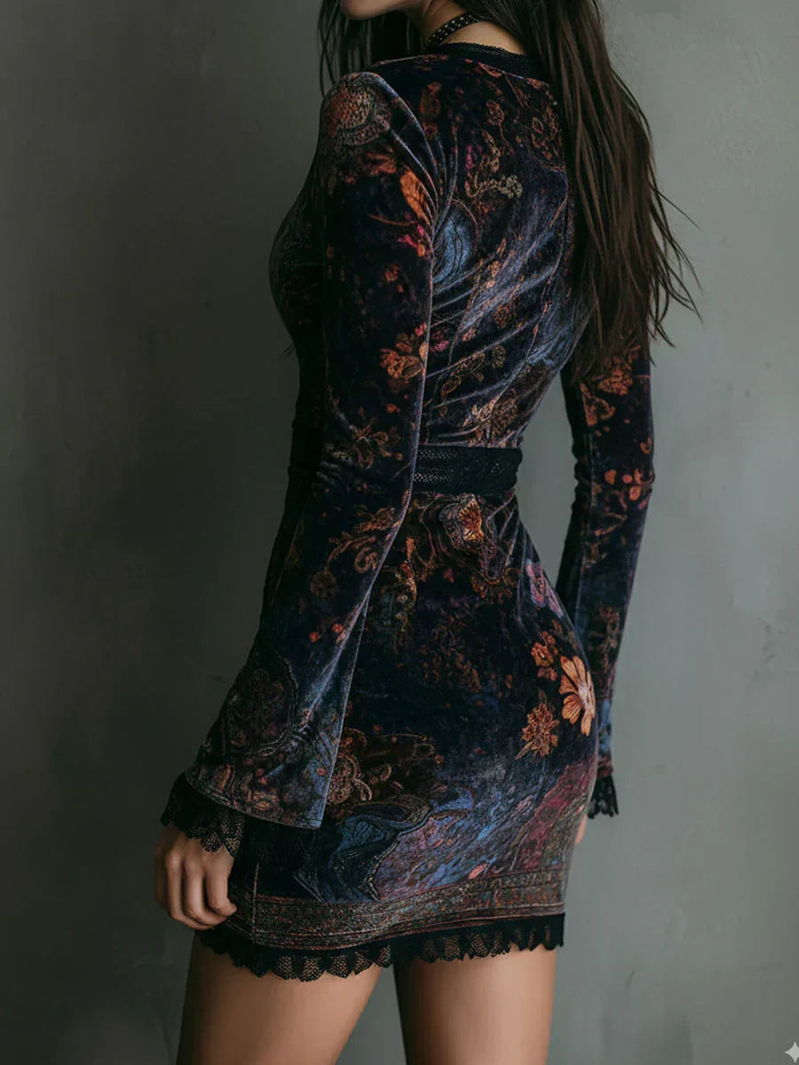 Elena | Robe courte en velours avec imprimé floral et lacets