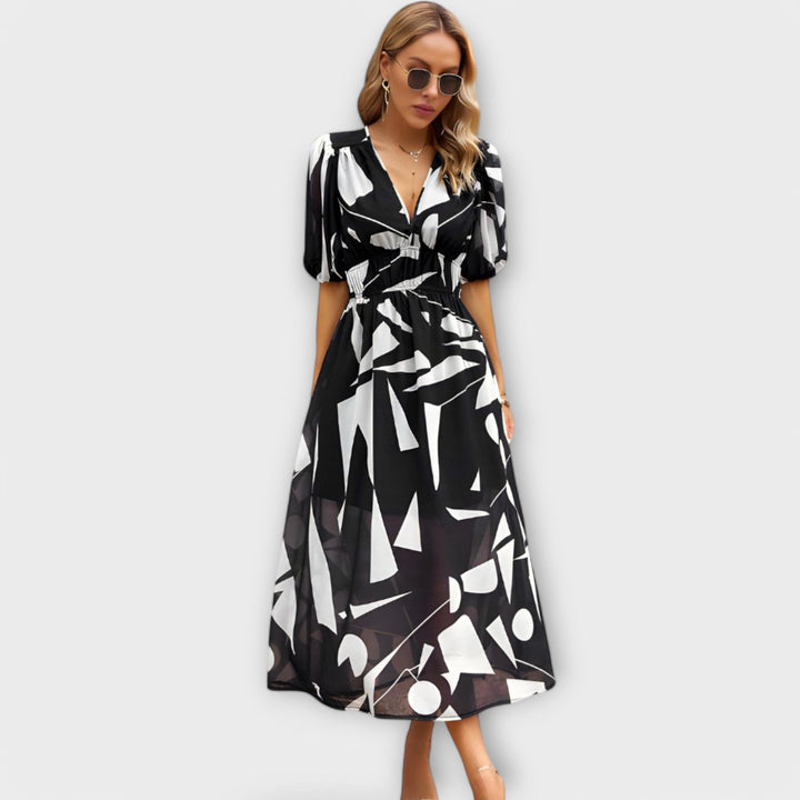 Robe maxi avec manches ballons au design abstrait