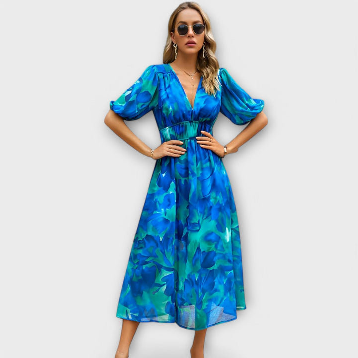 Robe maxi avec manches ballons au design abstrait