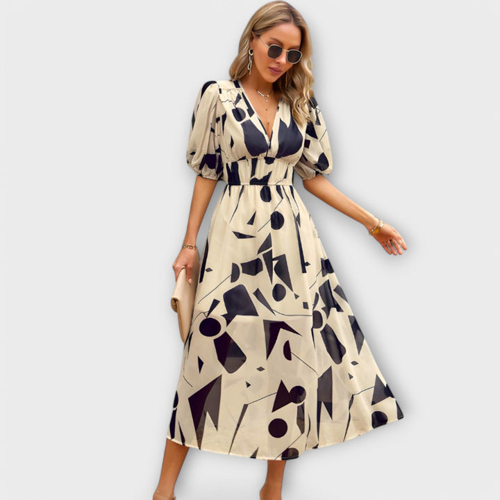Robe maxi avec manches ballons au design abstrait