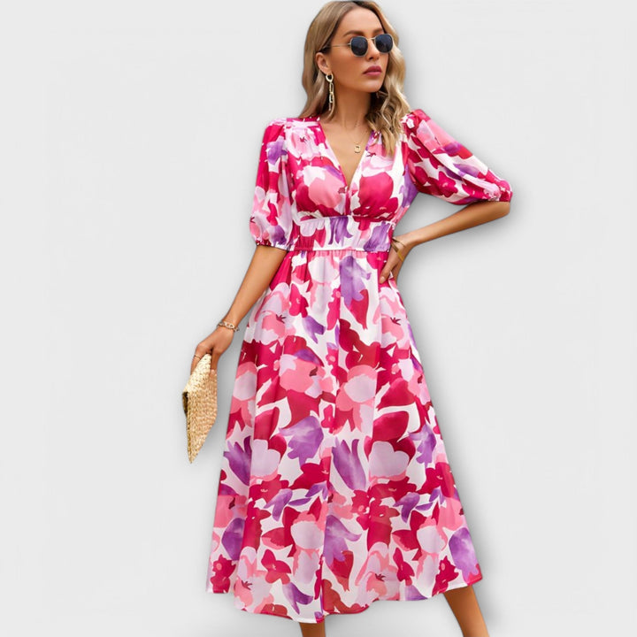 Robe maxi avec manches ballons au design abstrait