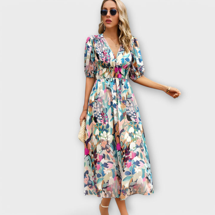 Robe maxi avec manches ballons au design abstrait