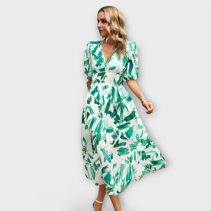 Robe maxi avec manches ballons au design abstrait
