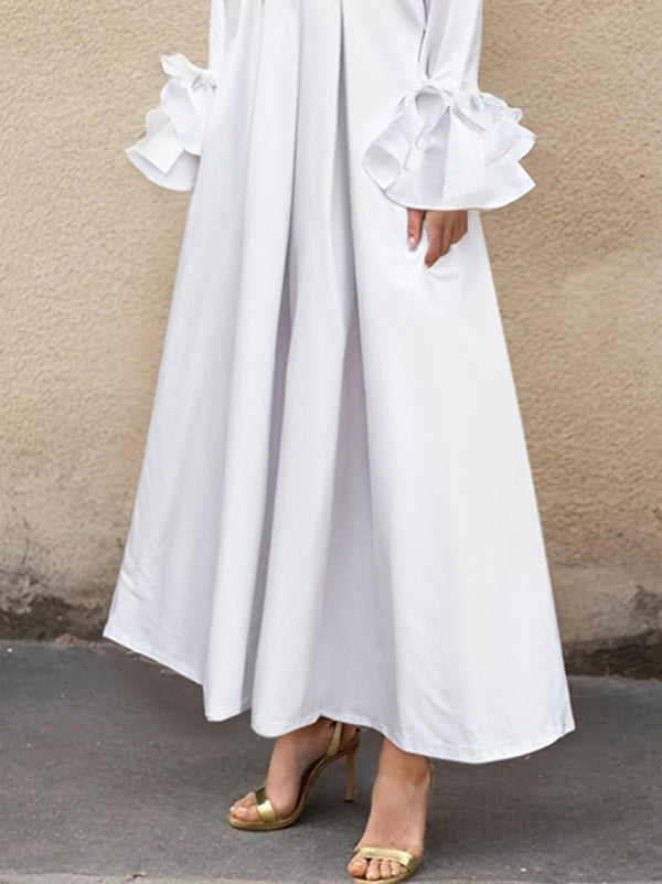 Robe chemise plissée à manches évasées, à empiècements, à col revers, couleur unie