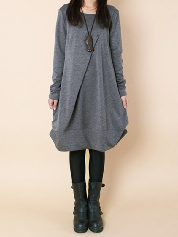 Robe longue plissée coupe trapèze, à manches longues, à col rond, couleur unie