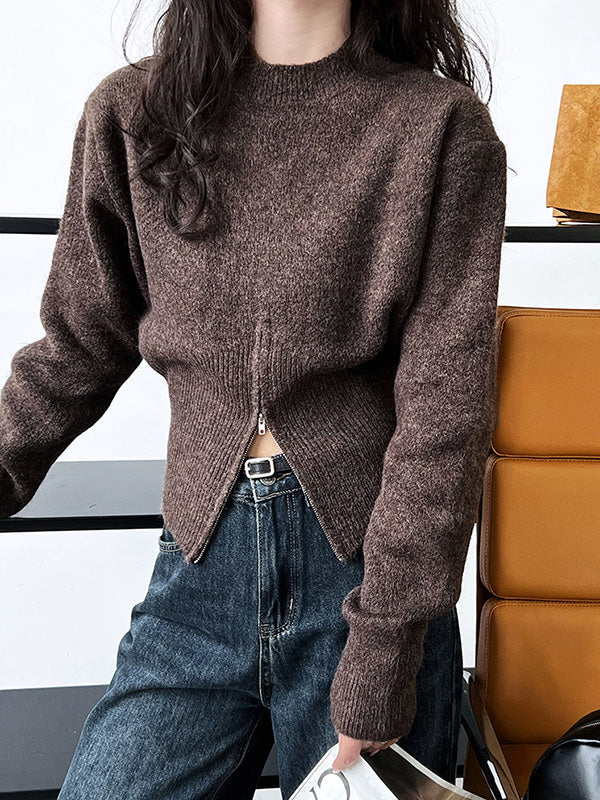 Pull ample à manches longues, à fermeture éclair, à col cheminée, couleur unie