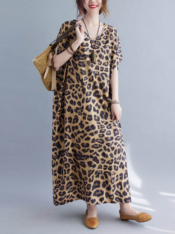 Robe longue ample à imprimé léopard, à col en V, à manches chauve-souris