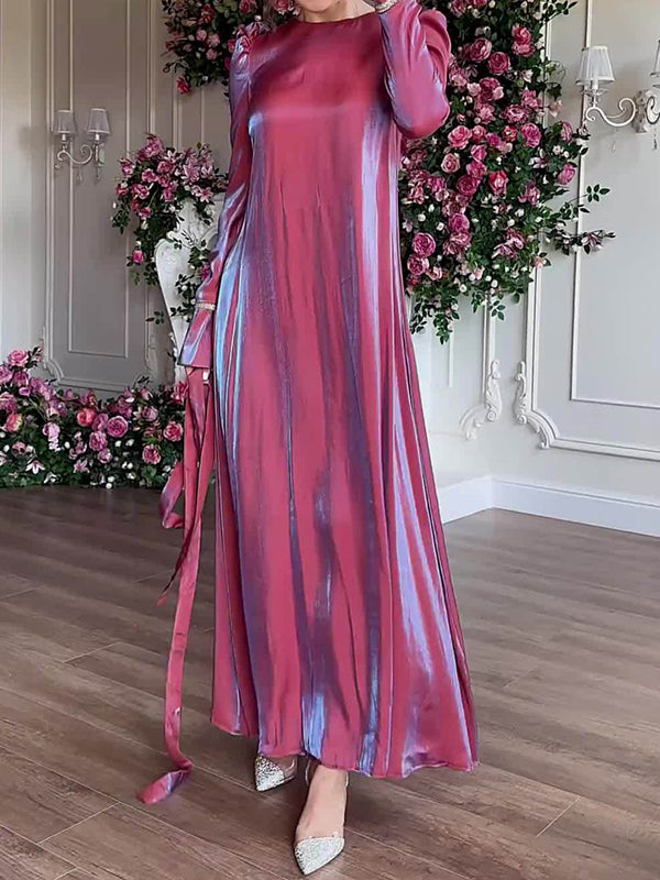 Robe longue plissée coupe trapèze, à manches longues, à taille nouée, à fermeture éclair, à col rond, couleur unie