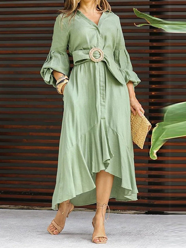 Robe longue plissée à ourlet plongeant, à manches bouffantes, à col revers, couleur unie