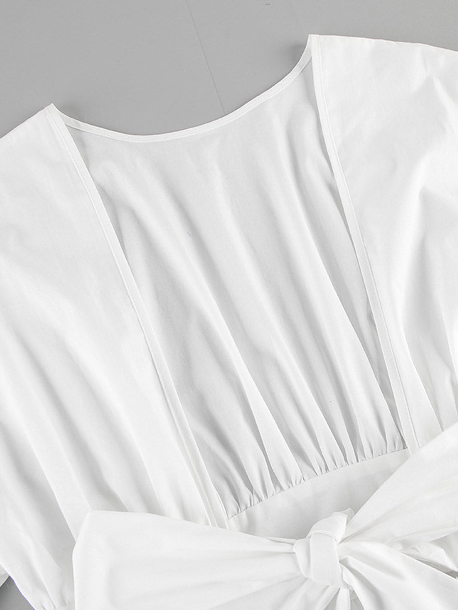 Chemisier plissé à taille élastique, taille haute, à empiècements, à taille nouée, à col rond, couleur unie
