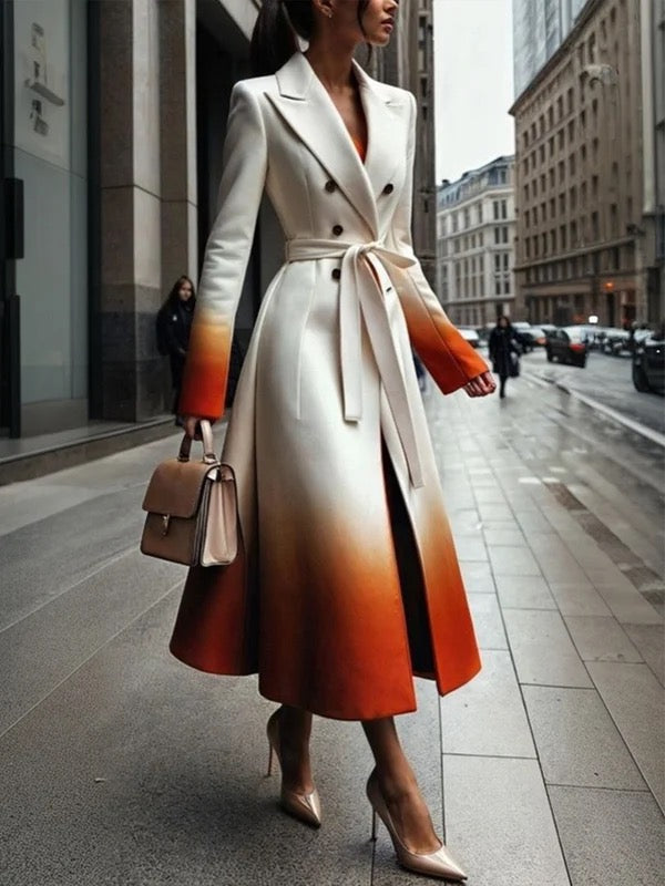 Manteau en laine boutonné coupe trapèze, à manches longues, en dégradé, à empiècements, à taille nouée, à col cranté
