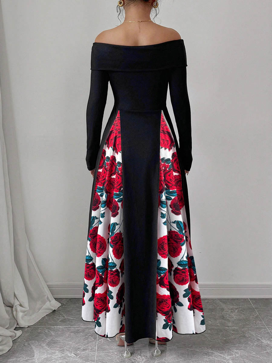 Robe longue taille haute, à manches longues, à imprimé floral, à empiècements, à épaules dénudées, couleur contrastée