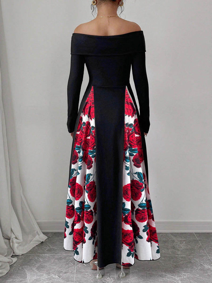 Robe longue taille haute, à manches longues, à imprimé floral, à empiècements, à épaules dénudées, couleur contrastée