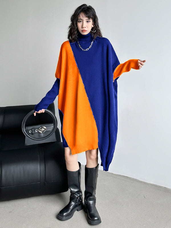 Robe pull mi-longue asymétrique à manches chauve-souris et col haut, couleur contrastée
