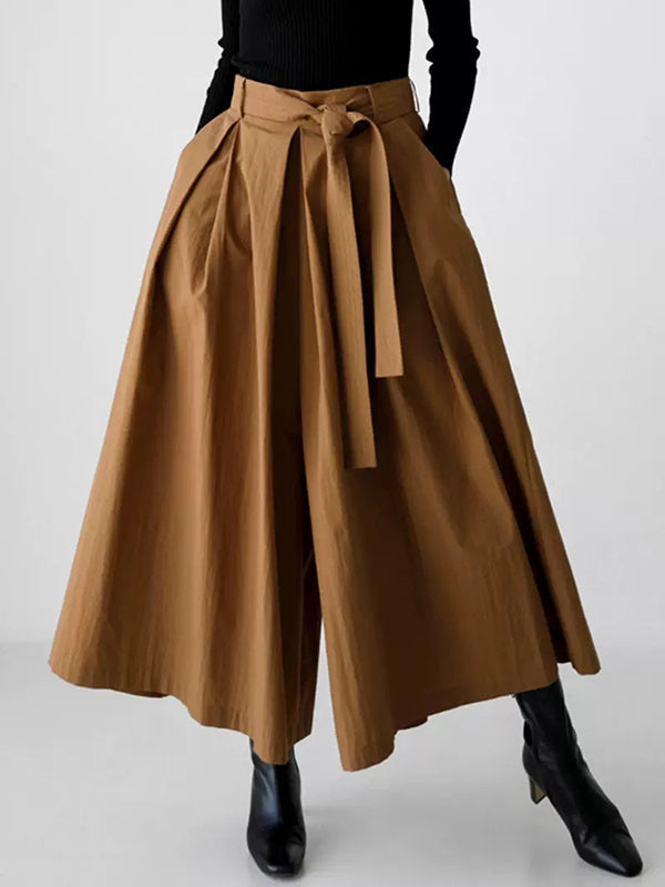 Pantalon ample plissé taille haute, à taille nouée, à jambes larges, couleur unie