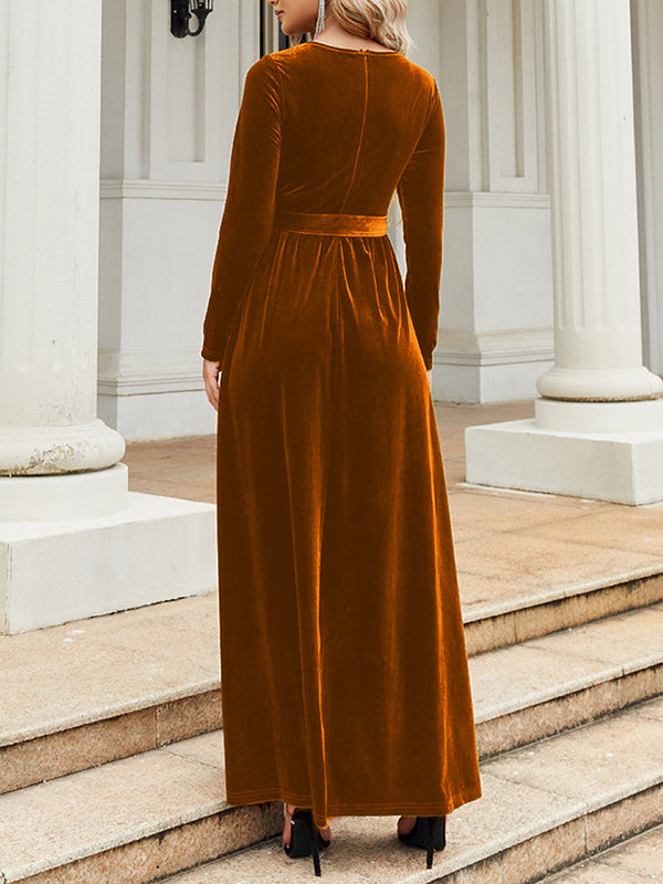 Robe longue plissée à manches longues, coupe portefeuille, avec ceinture, à fermeture éclair, à col rond, couleur unie