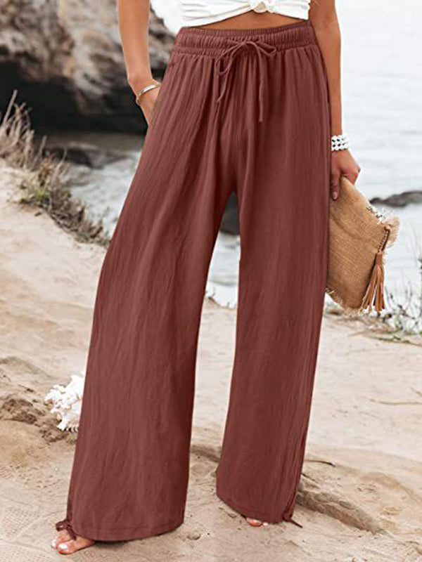 Pantalon ample à jambes larges, à cordon de serrage, à taille élastique, couleur unie