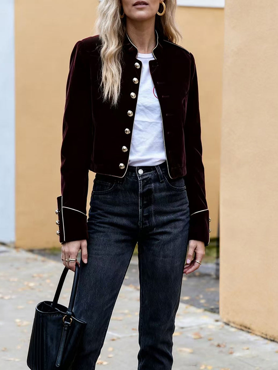 Veste boutonnée à manches longues, à col montant, couleur contrastée