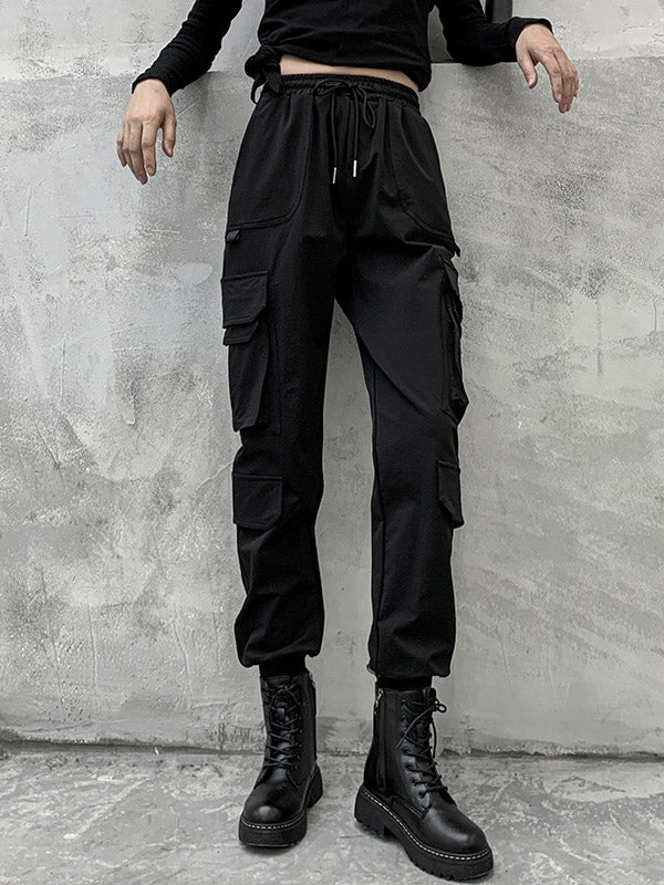 Pantalon salopette décontracté noir empire punk avec cordon de serrage élégant