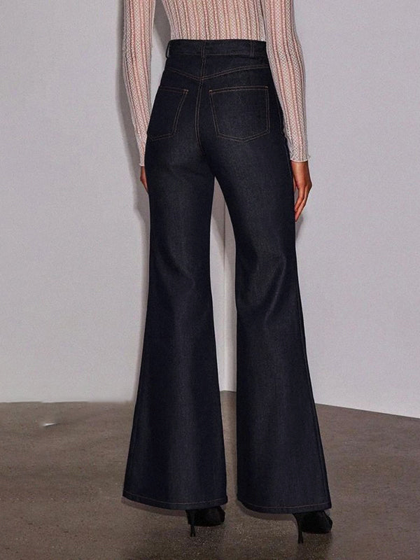 Jean taille haute, à jambes larges, à poches, couleur unie