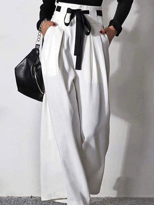 Pantalon ample plissé taille haute, à cordon de serrage