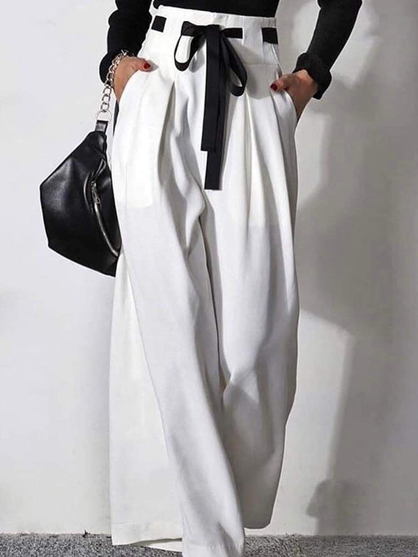 Pantalon ample plissé taille haute, à cordon de serrage
