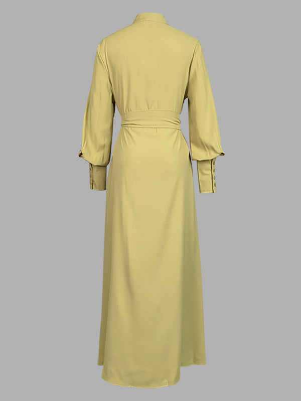 Robe longue boutonnée plissée coupe trapèze, à manches longues, à poches, à taille nouée, à col en V, couleur unie