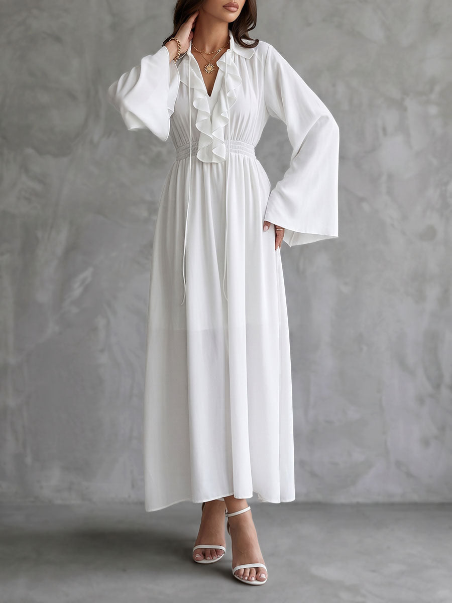 Robe longue plissée volantée taille haute, à manches longues, à col en V, couleur unie