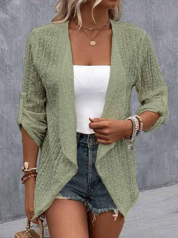 Veste ample boutonnée ajourée à manches longues, en jacquard, sans col, couleur unie