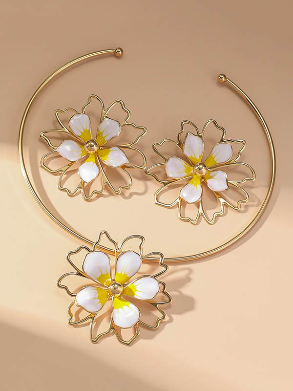 Parure collier et boucles d'oreilles ajourée en forme de fleur, à imprimé léopard