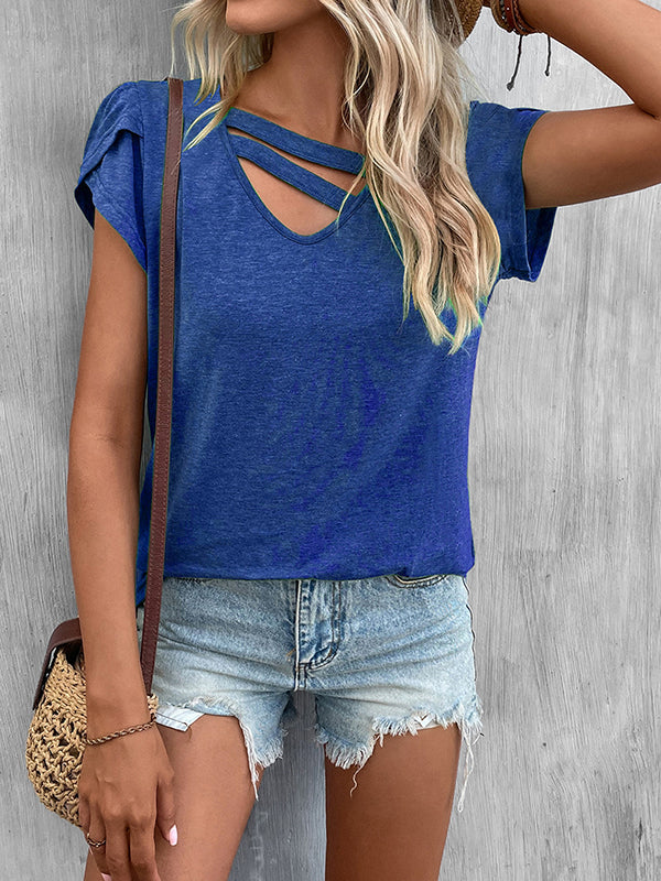 T-shirt ample à manches courtes, à col en V, couleur unie