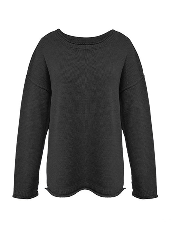 Pull ample à manches longues, à empiècements, à col rond, couleur unie