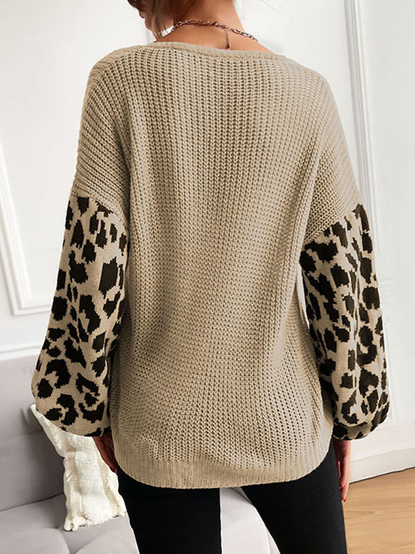 Pull ample à manches bouffantes, à imprimé léopard, à empiècements, à col en V