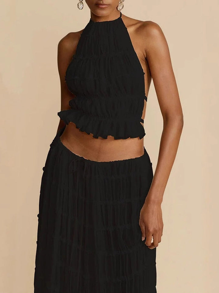 Ensemble deux pièces plissé texturé court volanté à col licou, dos nu, à taille nouée, taille haute, couleur unie – débardeur + jupe