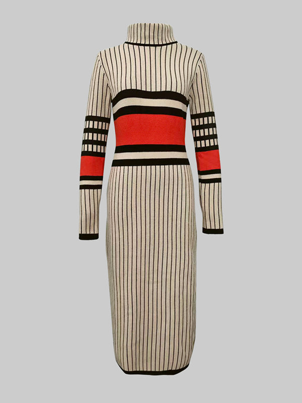 Robe pull rayée à manches longues, coupe près du corps, à col haut, couleur contrastée