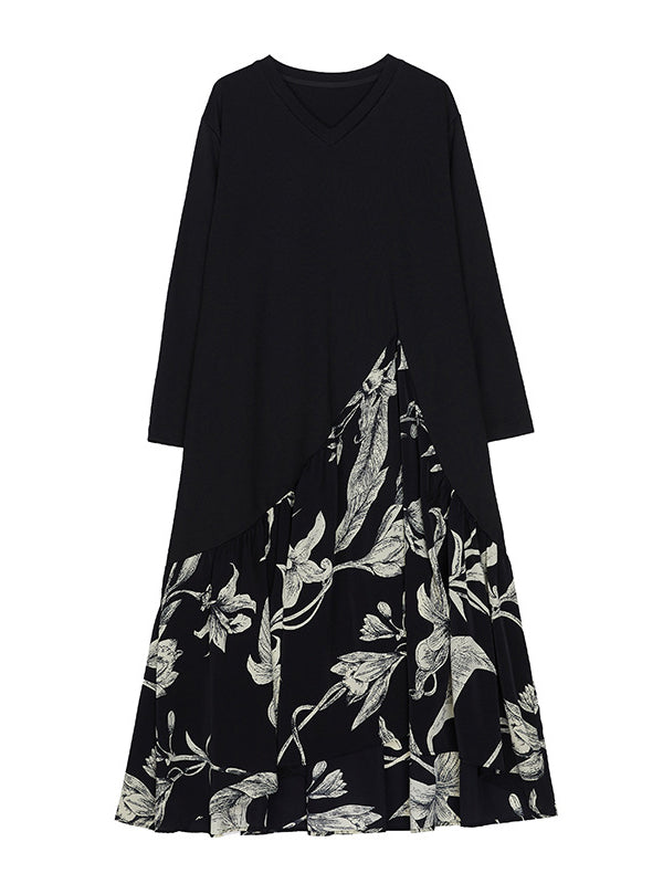 Robe mi-longue asymétrique coupe trapèze, à ourlet plongeant, à imprimé floral, à empiècements, à col en V