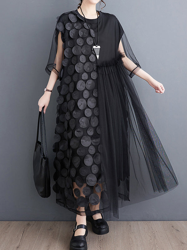 Robe mi-longue ample asymétrique à manches courtes, en gaze, à empiècements, à col rond