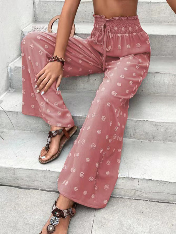 Pantalon ample taille haute, à cordon de serrage, à taille élastique, en jacquard, couleur unie