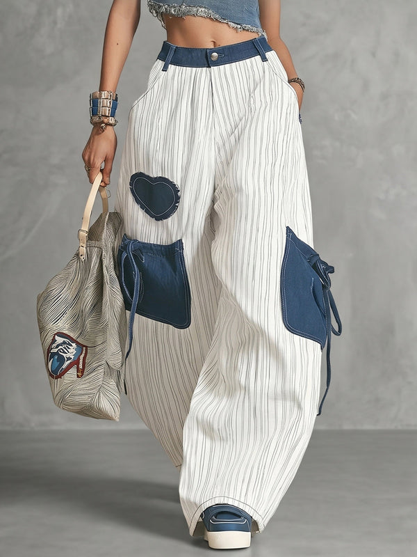 Pantalon ample boutonné rayé noué taille haute, à poches, à empiècements, couleur contrastée