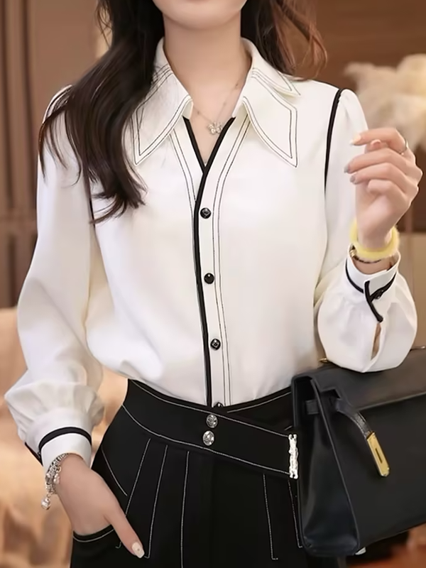 Chemisier boutonné plissé à manches longues, à col revers, couleur contrastée