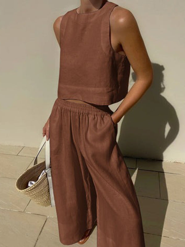Ensemble deux pièces gilet sans manches à col rond de couleur unie + pantalon élastique à jambes larges