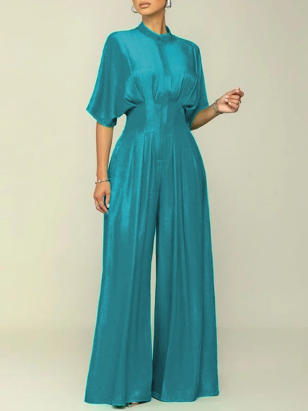 Combinaison plissée à manches mi-longues, taille haute, à col cheminée, couleur unie