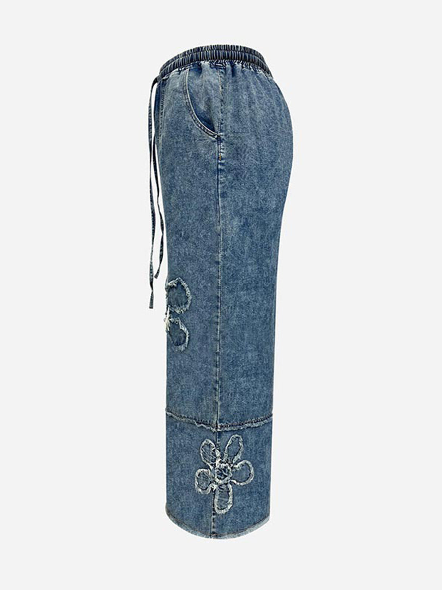 Jean ample taille haute, à cordon de serrage, à taille élastique, en forme de fleur, à franges, couleur unie